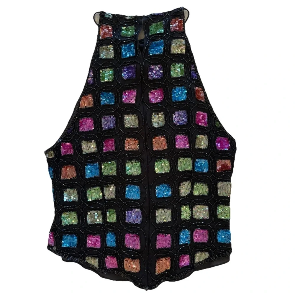 VTG Laurence Kazar Silk Multicolor Sequin Beaded Halter Top Medium 80's - Picture 2 of 15